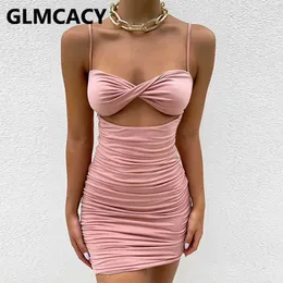 Спагетти ремешок без спинки Ruched Bodycon платье 210702