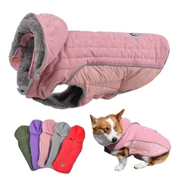 Vinterhundkläder Tjock Fleece Varmt kläder Jacka Reflekterande Justerbar Belly Quilted Coat Avtagbar Hood 211106