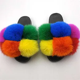 New fur ball fluffy slippers women furry fur slippers fashion fox fur slides ladies sandals plush sliders hair ball flip flops H0914
