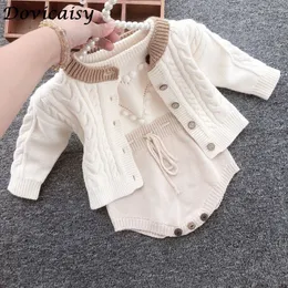 Höst Flickkläder Babystickad Romper Set Spädbarn Nyfödda barn Kofta Pojkar Tröja Bomull Jumpsuit 210309