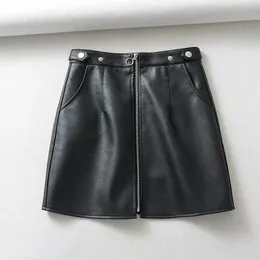 Toppies Black Faux Leather Mini Saias Frente Zíper Cintura Alta Cintura Estilo Coreano Streetwear Roupas de Inverno 210309