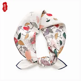 Milky White Silk Twill Scarf Women Printed Paraply 100% Real Silk Scarves 65cm Middle Square Bandana Wrap Gift för Girls Lady Q0828