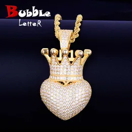 Crown Heart Necklace & Pendant Gold Color Plated AAA Cubic Zircon Men's Women Hip Hop Rock Jewelry X0707