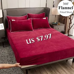 Wostar Winter Warm Solid Flannel Elastiskt Band Monterat arkmadrass Super Super Mjuk Drottning King Size Bed Sheet och Pillowcases 210626