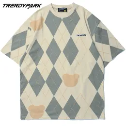 Erkek T-Shirt Vintage Argyle Desen Yaz Kısa Kollu Hip Hop Boy Pamuk Rahat Harajuku Streetwear Üst Tee Tişörtleri 210601