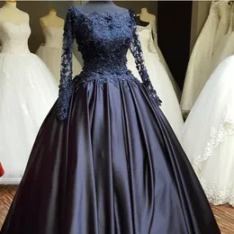 2021 Navy Blue Ballgown Dresses Long Sleeves Spets Applique Pärled Bateau Necklinje Custom Made Wedding Bridal Bowns Vestido de Novia 403 403