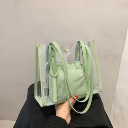 أكياس الكتف 2021 تصميم حقيبة اليد الفاخرة نساء حقيبة دلو شفافة واضحة PVC جيلي الصغيرة أنثى كبرسد راسينجر حمل