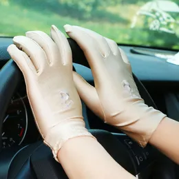 Fem fingrar handskar kvinnor broderi sommar körning tunn blockering ultraviolett solskyddsmedel hög elastiska prestanda dans etikett handskar1