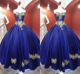 2021 New Gold Floal Applique Prom Formal Dresses Princess A-line Royal Blue Satin Strapless Evening Gowns Elegant Vestidos De Quinceanera