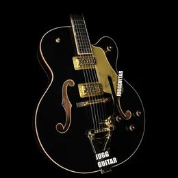 HollowBody Black Falcon Jazz Electric Guitar Double F Holes, Gold Sparkle Body Binding, Bigs Tremolo Bridge, Imperial Tuners