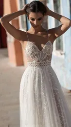 Gali Karten Long Dress Beach Wedding Gowns Side Spaghetti Illusion Sexy Boho Sweep Train Pearls Backless Bohemian Bride DRES233H
