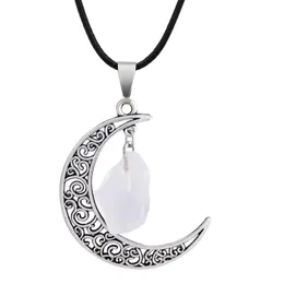 Simple Irregular Natural Stone Crystal Healing Moon Pendant Necklaces Jewelry With Rope Chain For Women Men