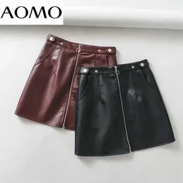 Aomo Höst Vinter Kvinnor Solid Faux Läder Kjolar Faldas Mujer Zipper Kvinna Mini Skirt 1Y25A 211120