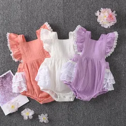 Baby Girl Clothes Lace Sleeve Infant Girls Romper Cotton Linen Children Jumpsuits Backless Toddler Playsuit Boutique Baby Clothing DW5842