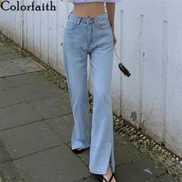 Colorfaith y2k kvinnor våren jeans hög midja casual byxor rakt denim streetwear vilda split bredben långa byxor j4048 210809