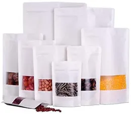 100st / lot Kraft Paper Bags Vit dragkedja väska Stå upp matpåsar Återförsäljbar förpackning med mattfönsterförpackningspåse