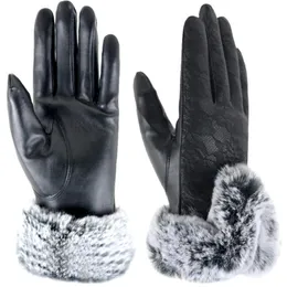 Спортивные перчатки твердые женщины черная кожаная осень зимняя леди теплое мех варежки высококачественные тактические руки