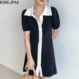 Korejpaa Women Dress Summer French Retro Hepburn Style Lapel Black White Contrast Single-Breasted Thin Waist Knit Vestidos 210526