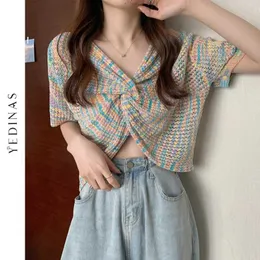 Yedinas Rainbow Color Summer Knitted T-shirt Women Crossover Design V-neck T Shirts Loose Crop Top Chic Short Sleeve Knitwear 210527