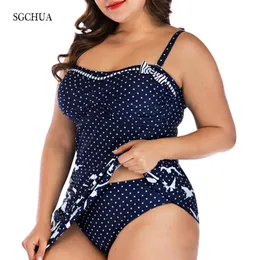 Sgchua Blue Print Dot Bird Oddzielny Swimsuit Kobiety Bow Plus Size 5XL Dwie części Swimwear z Spódnicą Gruby Plażowy Kąpiel 210315