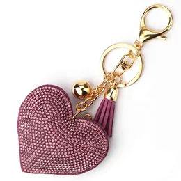 Kvinnor hjärta Keychain Full Crystal Key Holder Handväska Hänge Tassel Golden Chain Bag Nyckelring 6 Färg