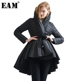 [Eam] Temperamento Inverno Moda Loose Coat Maré New Pattern Dovetail Hem Parkas Casacos Mulheres Color Sólido YA108 201019