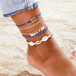 5pcs / set Bohemian Shell Guld Anklets Kvinnor Färgglada Rope Tassel Barefoot Sandaler Fotkedja Sommar Smycken