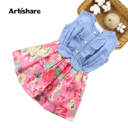 Artishare menina vestido verão crianças sem mangas denim vestidos florais com botão crianças princesa vestidos de verão para meninas 210303