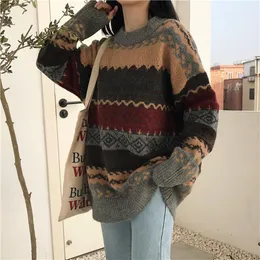 Kvinnors Tröjor Vintage Kvinnor Jumpers Vinter Argyle Koreansk Pullover Höst Loose Striped Sweater Pull Femme Y2K Indie Alt Knitwear Girl