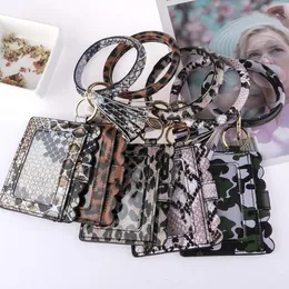 Leopard Tryckta Bangle Key Ring ID Korthållare PU Läder Rund Keychain med Tassel Wristlet Wallet för kvinnor Flickor