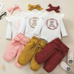 Set di abbigliamento per neonate Lettera Pagliaccetto e pantaloni con fiocco Abiti Autunno 2021 Abbigliamento per bambini Boutique 0-2T Abito a maniche lunghe in cotone per bambini