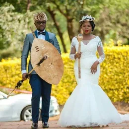 2022 Classic African Syrenki Suknie Ślubne Koronki Długie Rękawki Aplikacje Zroszony Scoop Neck Ivory Tulle Suknie Ślubne Niestandardowe Made Trumpet Bride Dress