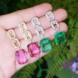 CWWZircons 2021 Fashion Geometry Square Red Green Cubic Zirconia Crystal Long Dangle Drop Earrings Smycken Pendientes CZ853