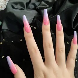 Glänsande lila ombre falska naglar Extra Long Coffin Ballerina Gradeint Tryck på Fake Fingernails Full Cover Artificial Acrylic Nail For Women