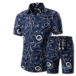 Lyx-sommar Casual Printed Hawaiian Shirt Homme Short Male Printing Dress Suit Men T-shirts + Shorts Set Sets Plus Storlek