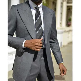 Dark Gray Casual Mens Garnitury Slim Fit 2 Sztuk Formalna okazja Peaked Lapel Płaszcz Z Pant Kurtka Ślub Tuxedos Groom 2021 x0909