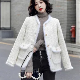 Vestes Femmes JSXDHK Luxe Haute Qualité Femmes Blanc Tweed Veste Manteau Automne Hiver Patchwork Laine Épais Poches Chaudes Vêtements D'extérieur