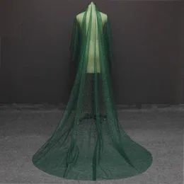 Listy Long Green Wedding Veil ze złotym pyłem błyszczy jedną warstwę 3 metry Katedra Welon ślubny bez grzebienia Voile Mariage X0726