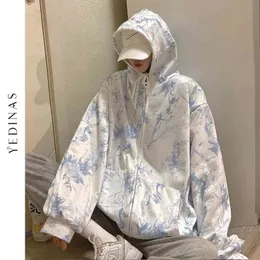 Yedinas Zip-up Women Tie-dye Hoodies Street Style Loose Fleece Sweatshirts Plus Size Hooded Pullover Hip Hop Oversized Hoodie 210527