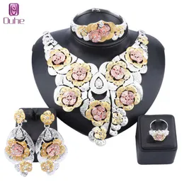 Dubai Bridal Jewelry Sets Flower Crystal Statement Necklace Earring Bangle Fashion Charm African Wedding Nigeria Jewelry Set H1022