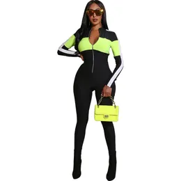 Höst Vinter Patchwork Slim Jumpsuit Kvinnor Elegans Casual Front Zipper Bodycon Rompers Bodys Par Mujer Manga Larga 210604