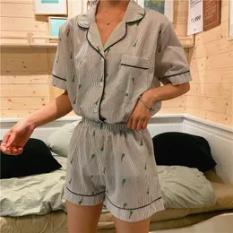sommar söt morot print pajama uppsättning sommar tjej koreanska homewear bomull kortärmad kvinna stripe pyjamas hemdräkt 2st l283 x0526