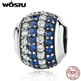 100% 925 Sterling Silver Pave Lights Blu Clear CZ Charm Beads Fit Original WST Bracciale Authentic Fine Jewelry Q0531