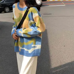 2 färger koreanska stil lösa stickade varma tröjor kvinnor färg patchwork kamouflage kvinnor tröjor och pullovers (F1372 210812