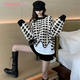 AELEGANTMIS Koreański Chic Luźny Nieregularny Hem Houndstooth sweter Kobiety Grube Miękkie Ciepłe Pulowers Kobiet Wysokiej Jakości Jersey Mujer 210607