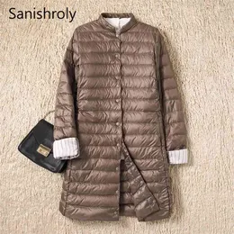 Sanishroly 여성 미디 롱 코트 가을 겨울 울트라 라이트 다운 파카 여성 화이트 오리 재킷 플러스 크기 2xl SE593 210923