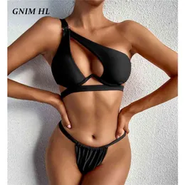 Gnim Sexy Hollow Out Badkläder Kvinnor Push Up Bikini Mujer One Shoulder Solid Thong Swimsuit Kvinna 2 Piece Micro Bather Suit 210712