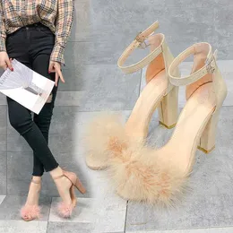 Ankle Strap Super high heels Faux Fluffy Rabbit Fur Women Sandals 10 CM High Heel Summer Lady Shoes Pumps Zapatos Mujer uik9 X0526