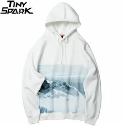 Mężczyźni Hip Hop Bluza Bluza Streetwear Snow Mountain Print Pullover Harajuku Bawełniany Casual Kapturem Koszula Bluza Biały 210715