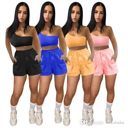 Kvinnor Tracksuits Sommar Shorts Två Pieces Set One Shoulder Crop Top Long Byxor Linje Stitching Ladies Shoulder Yoga Pants Sports mode kostymer 895